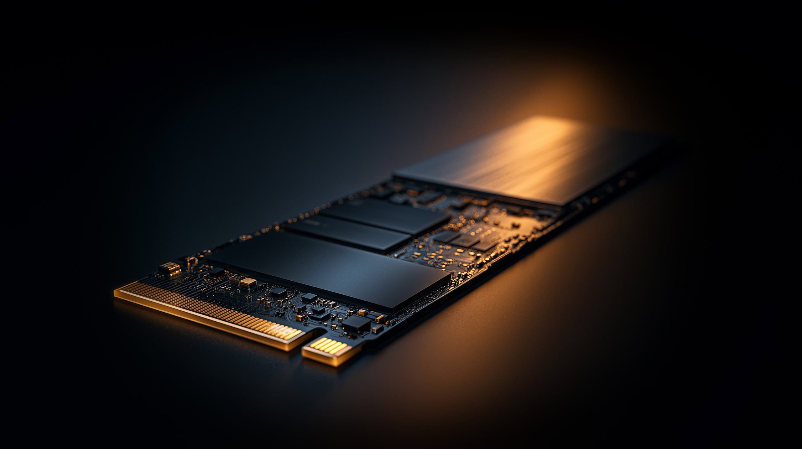 An M.2 NVMe solid-state drive on a dark background, its gold edge connector and memory packages visible.