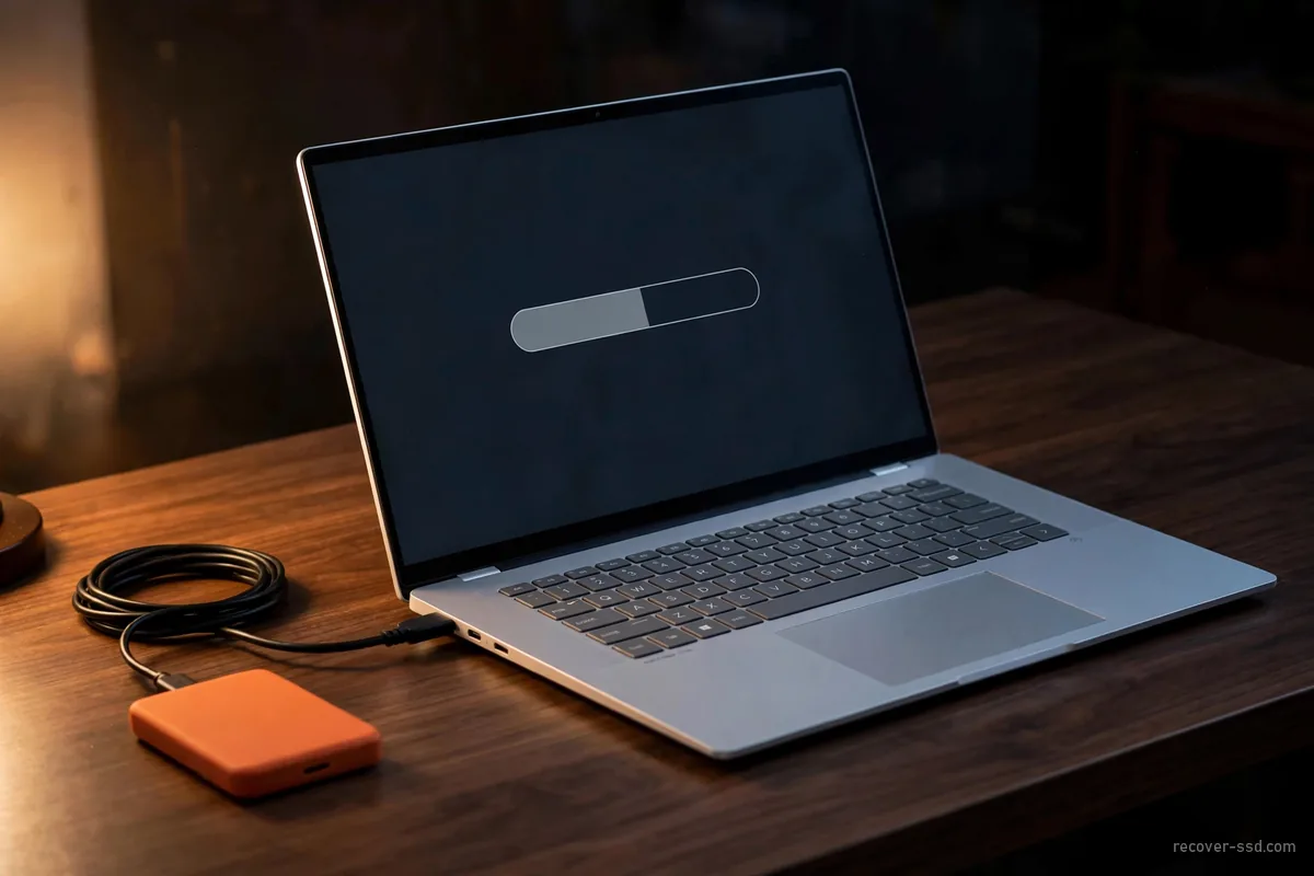 Laptop showing a progress bar while copying files to an orange external backup drive