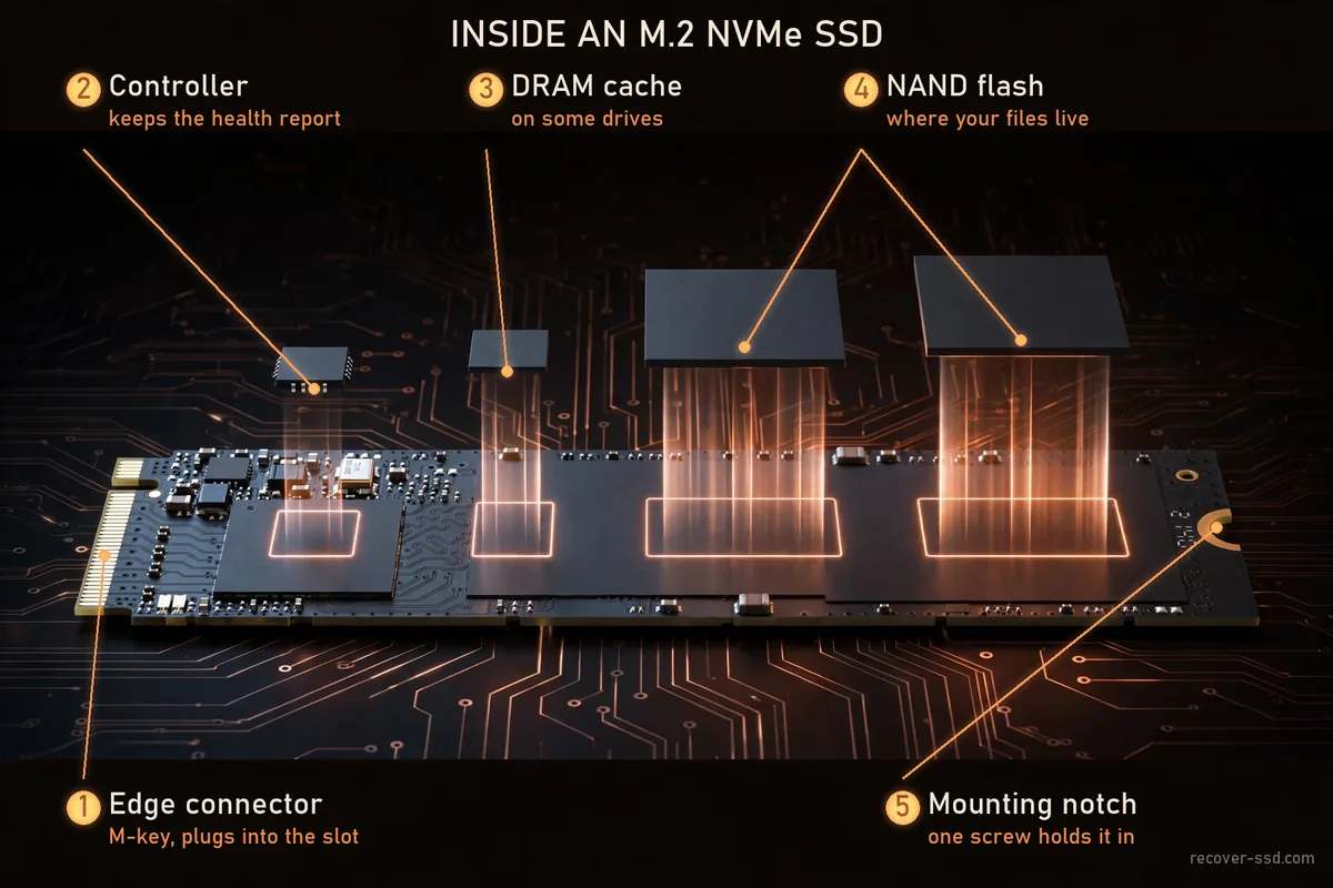 Exploded view of an M.2 NVMe SSD with its controller, DRAM and NAND chips lifted above the board
