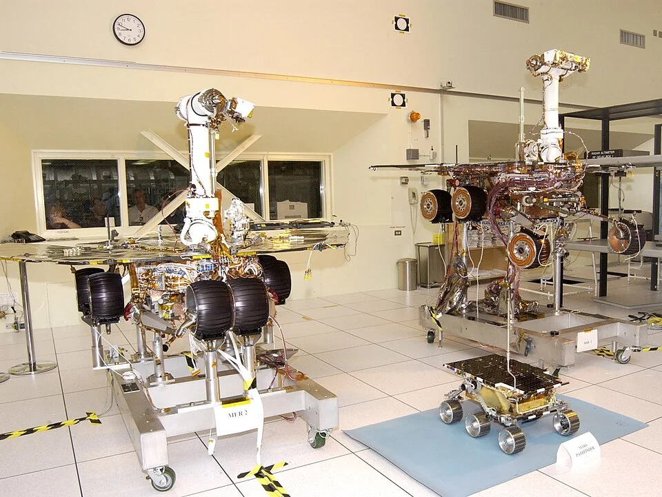 Mars Exploration Rover test units in a clean room at NASA JPL