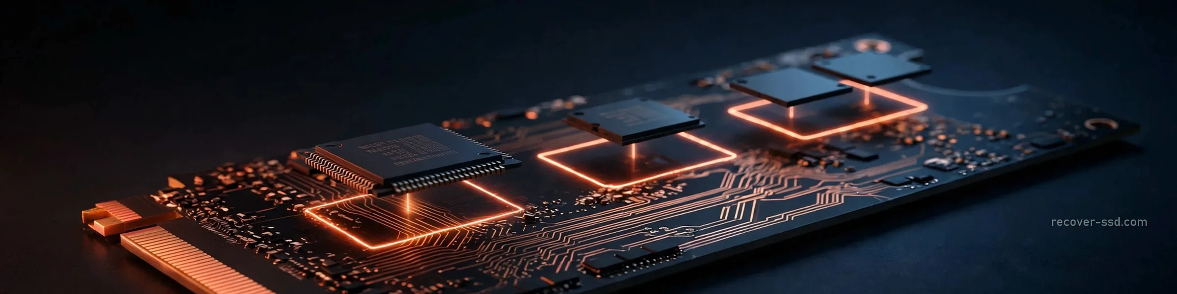 Exploded view of an M.2 NVMe SSD: controller, DRAM and NAND chips lifting off the board above glowing copper outlines