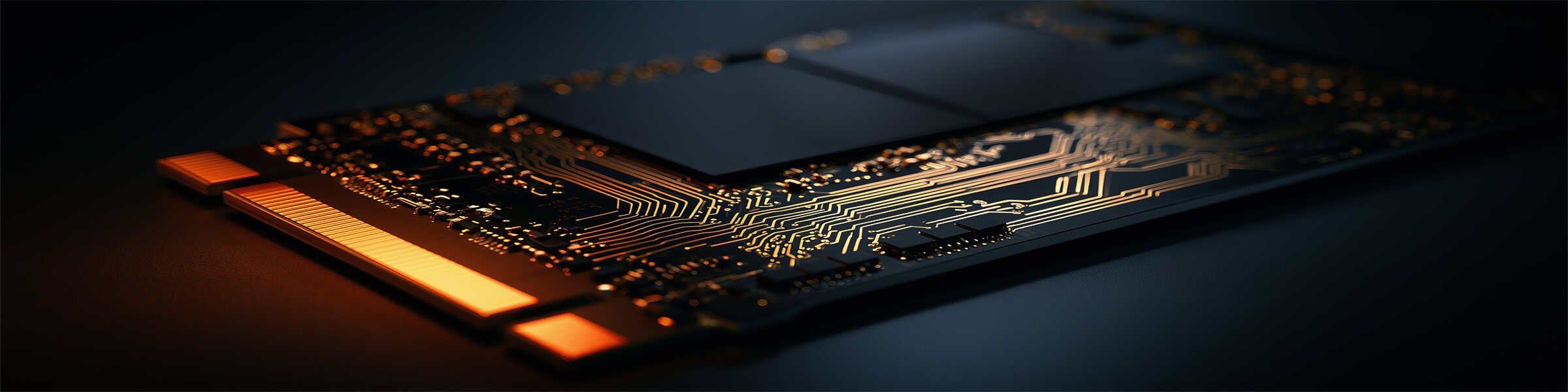 Solid-state drive circuit board with glowing gold data traces